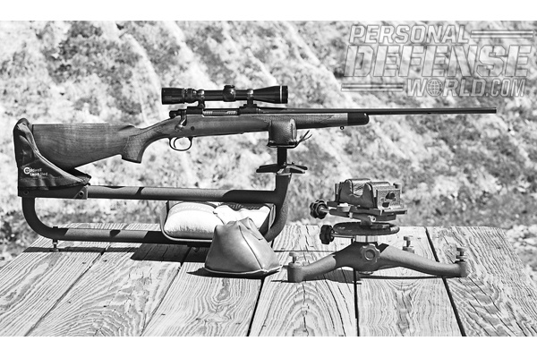 At left is the Lead Sled, which is ideal for harder-kicking rifles. At right is the Rock benchrest and rear sandbag for more conventional cartridges.