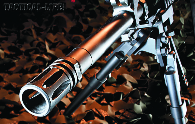 BCM’s SAM-R is Mil-Spec from barrel to stock. The 410 stainless barrel is treated with IonBond Black DLC to cut the shine, the lower is ready for RDIAS installation of an NFA-registered auto sear, and the railed forend has lots of real estate for accessories.