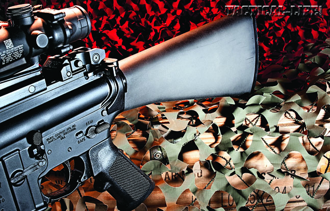 BCM’s SAM-R is Mil-Spec from barrel to stock. The 410 stainless barrel is treated with IonBond Black DLC to cut the shine, the lower is ready for RDIAS installation of an NFA-registered auto sear, and the railed forend has lots of real estate for accessories.