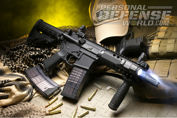 With an overall length of 23.75 to 27.75 inches, the DPMS RFA3-PDW is an excellent compact package. Shown here with Aimpoint CompM4s and Inforce LED light.