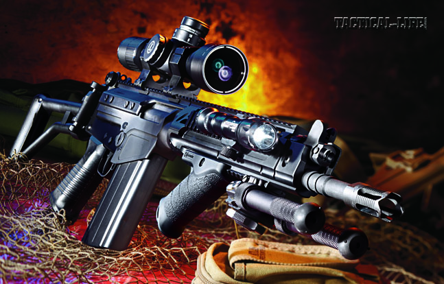 Upgraded for serious use, the DS Arms SA58 Para Carbine provides plenty of 7.62mm power for barrier-busting duty. Shown with a Leupold MK 6 3-18x44mm scope, SureFire Scout light, Stark SE-5 Express Grip and Atlas bipod.