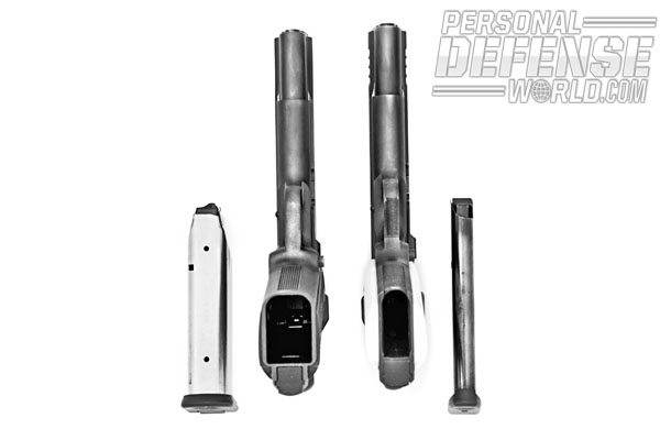 the mainspring housing remains the same size as a standard Model 1911. The comparison shown is between the P14-45 and Taurus PT 1911.