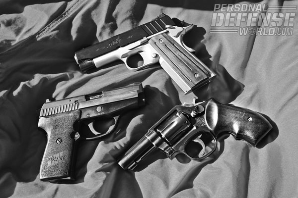 Handguns chambered for the 9mm are available in the widest variety of configurations including the Kimber Aegis (top), Sig Sauer P239 (middle), and S&W 547 (bottom).