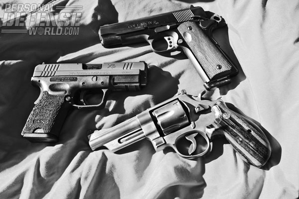 Delivery systems in .45 ACP include the Colt LW Commander (top), Springfield Armory XD Compact (middle) and S&W 625 (bottom).