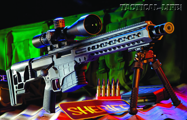 Originally built for USSOCOM in .338 Lapua and .300 Win Mag, the modular .308 MRAD is ideal for law enforcement countersniping. Shown with a Nightforce 3.5-15x50 F1 NXS scope and an Atlas bipod.