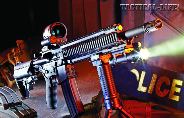 The Huldra Mark IV Tactical Elite is ready to fulfill several mission assignments, from entry to patrol. Shown with a Trijicon SRS sight and a Grip Pod GPS-02.