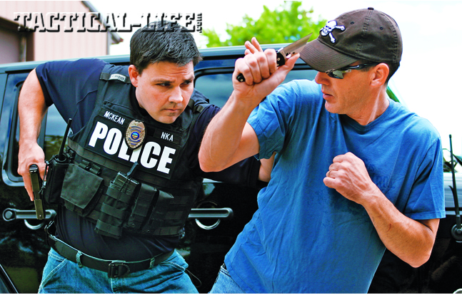 In extreme close quarters, you may have to defend against an attack with one arm before accessing your weapon.