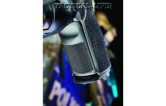 The frontstrap has fine checkering as well as a dished-out area just below the triggerguard, providing a better grip and greater control.