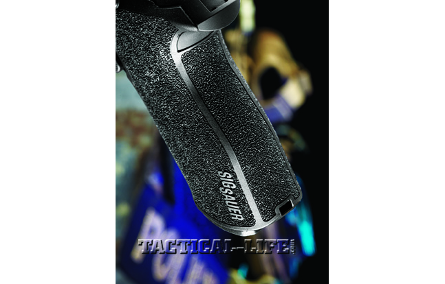 The P227’s suprisingly slim, ergonimic grip houses the 10-round magazine and features stippling on the sides and backstrap.