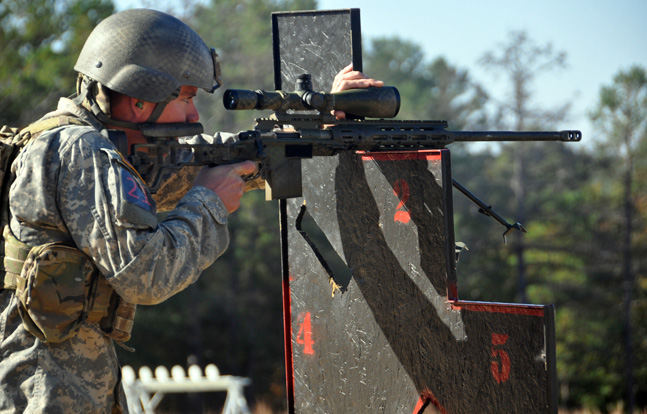 Sgt. Tyler Payne, U.S. Army Marksmanship Unit, teamed with Staff Sgt. Daniel Horner to win the 4th Annual Mammoth Sniper Challenge held at Rockcastle Shooting Center in Park City, Kentucky. The USAMU teammates are both members of the unit's Action Shooting team. (File Photo by Michael Molinaro, USAMU)