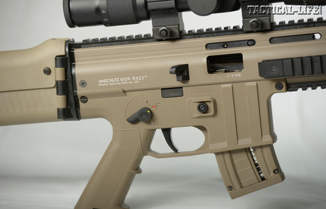 The RX22’s controls and ergonomics are similar to an AR’s, meaning most shooters will feel at home with it. The AR-style pistol grip is molded into the receiver.