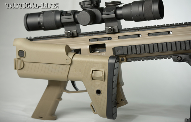 With the stock folded to the right side and locked into position via a tab on the receiver, the RX22 will still function. Also note that the stock is fully adjustable for length of pull and cheek height.