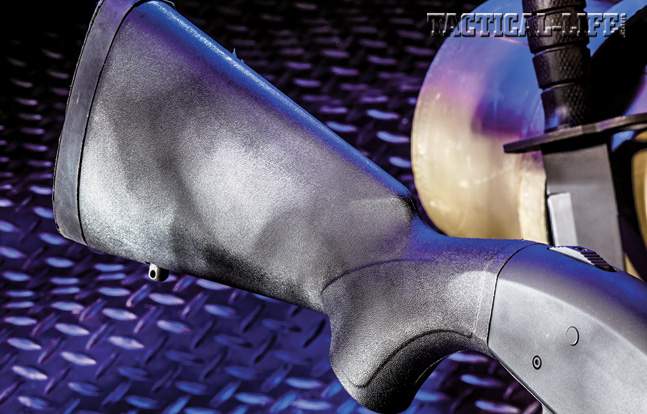 Mossberg equips the 590A1’s synthetic stock with a thick rubber buttpad that helps absorb recoil, even when firing heavier 12-gauge ammunition.