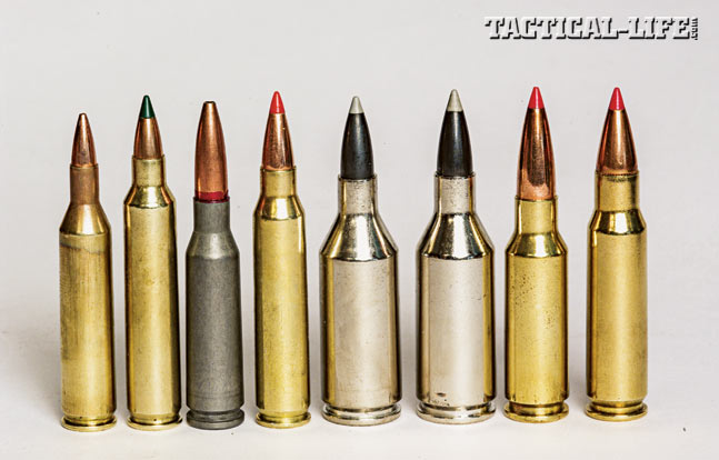 Today’s rifle ammunition manufacturers are coming on strong with a spectrum of “others” to feed your AR-15 rifles. From left to right: The .17 Remington, .204 Ruger, 5.45x39mm, .223 Remington, .223 Winchester Super Short Magnum (WSSM), .243 WSSM, 6.5 Grendel & 6.8 SPC.