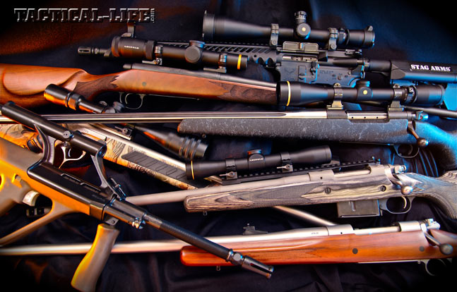 A few excellent southpaw-friendly firearms include the (counterclockwise from top) Stag Arms Model 3TL-M, Weatherby Mark V Accumark, Ruger Gunsite Scout, Montana Rifle Company AVR-SS, Steyr AUG, Thompson/Center Pro Predator and the Remington 700 CDL.