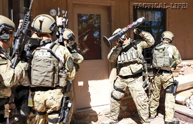 Because of the potentially explosive atmosphere common in meth labs, mechanical breaching using pry bars, hammers and rams, shown here during a Bryant ERT exercise, is preferred.