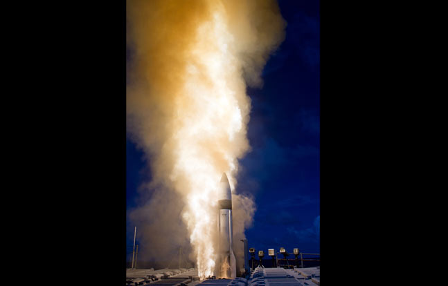 The first Standard Missile-3 in a double shot missile defense test rockets skyward to strike out a ballistic missile target off the coast of Kauai, Hawaii. (Photo: Missile Defense Agency)