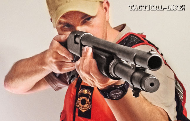 The Marine Magnum is purpose-built to disable a vessel’s engines or provide cover fire for a boarding team. Note the checkered synthetic buttstock.