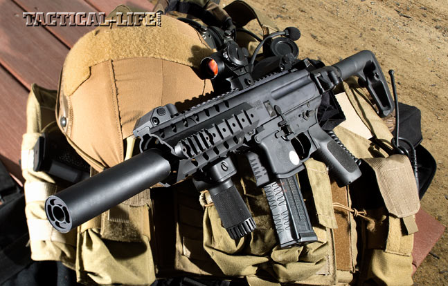 The author’s test MPX 9mm, featuring a SIG-SD suppressor mated to the 8-inch barrel, a folding stock, a vertical foregrip and Sig’s Mini Red Dot, had already reliably fired over 10,000 rounds of mixed ammo downrange.