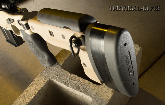 The buttstock features a thick KICK-EZZ recoil pad and several sling mounts. Users can adjust the length of pull and cheek height.