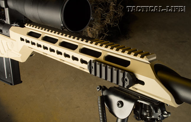 The modular, free-floating forend features KeyMod points for adding rail sections, allowing LEOs to customize the rifle for each mission.