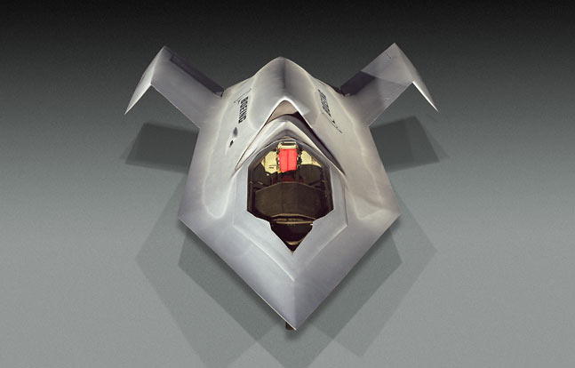 The Bird of Prey’s cockpit and shielded engine intake is shown to good advantage in this head-on view.