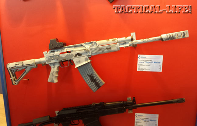 The massive muzzle brake of the Izhmash MOLOT VEPR 12 competition shotgun helps tame recoil