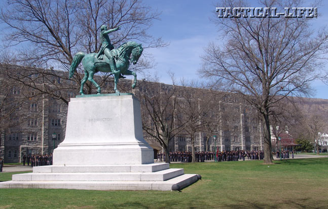 The statue of George Washington in front of Washington Hall at West Point.