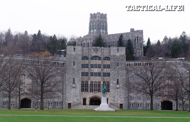 West Point has several historic landmarks, including the statue of George Washington (foreground), Washington Hall (middle ground) and Cadet Chapel in the background above.