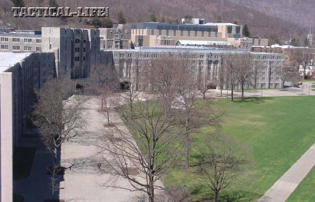 The concrete “apron” between Washington Hall and the plain is where the Corps of Cadets assemble in formation.