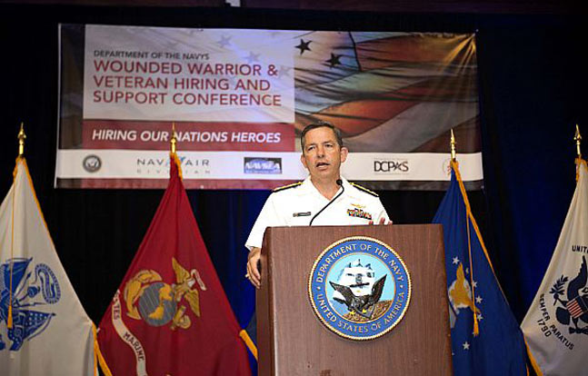 Vice Adm. David Dunaway, commander of Naval Air Systems Command, speaks at the 4th annual Warrior and Veteran Hiring and Support Conference. The free two-day conference aims to bring employers and wounded warriors together in one location to match their needs for employment. (U.S. Navy photo by Mass Communication Specialist 2nd Class Tyrell K. Morris/Released)