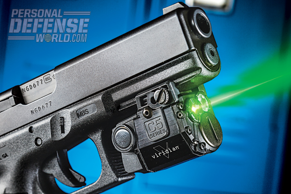 The Glock 22’s integral rail offers ample space for mounting lasers like the Viridian C5.