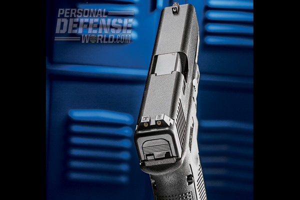 The Glock 22 has a sight radius of 6.49 inches, aiding shooter accuracy.
