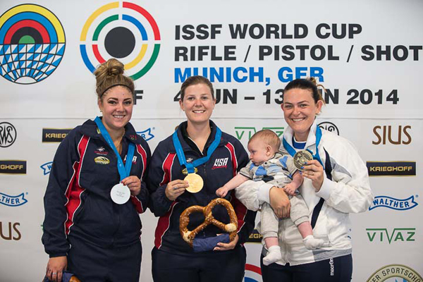 (L-R) Silver medalist Janessa Jo BEAMAN of the United States of America, Gold medalist Victoria Rose BURCH of the United States of America and Bronze medalist Alessandra PERILLI of San Marino pose with their medals after the Trap Women Finals at the Olympic Shooting Range Munich/Hochbrueck during Day 1 of the ISSF World Cup Rifle/Pistol/Shotgun on June 6, 2014 in Munich, Germany. (Photo by Wolfgang Schreiber)