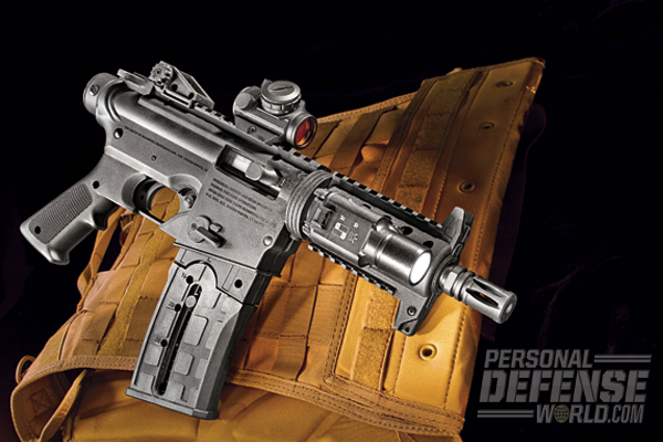 With its tactical look, low recoil and on-point accuracy, the Mossberg 715P, chambered in .22 LR, boasts a dollar-to-fun ratio that’s very hard to beat. With its ample rail space, users can attach a variety of sights, lasers and lights, such as Bushnell’s TRS 25 red-dot sight and SureFire’s X300 Ultra LED WeaponLight.