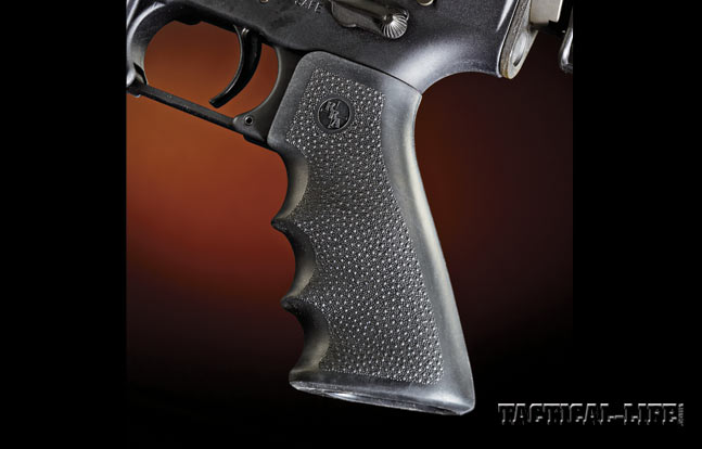 The author’s test carbine came furnished with a comfortable Hogue pistol grip. Note the finger grooves and light pebble texturing.