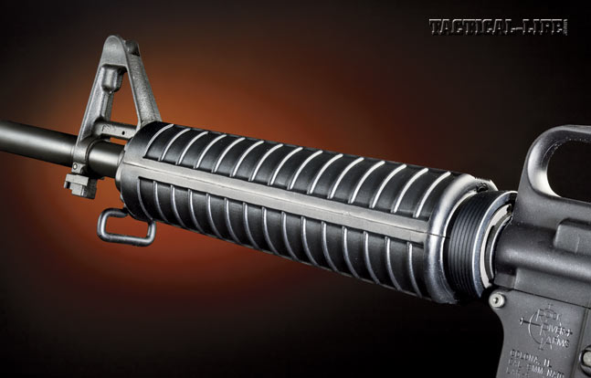 Users can choose between several different handguard styles for their 9mm carbine, including railed or A2-style units (shown).