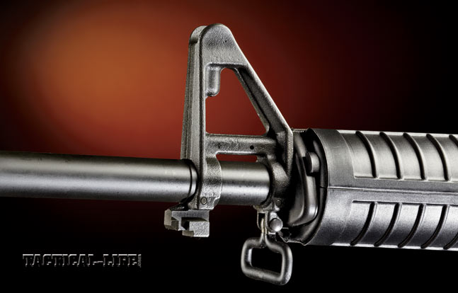 To make it as similar to an M4-type carbine as possible, the fixed front sight base features a sling swivel and even a bayonet lug.