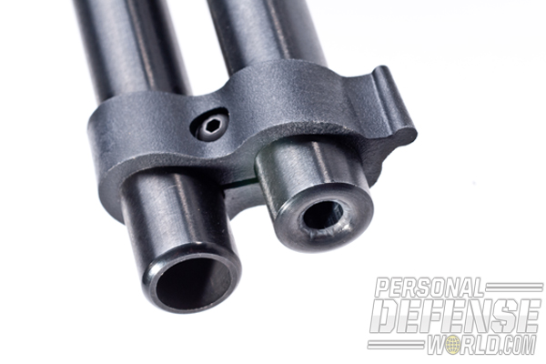 The .410 barrel (under) can do a number on bushytails and the .22 LR barrel (over) can reach out a few yards further to put game in the bag or have some fun. The barrels are set in a cast upper receiver that mates well and locks up tight when the action is closed.