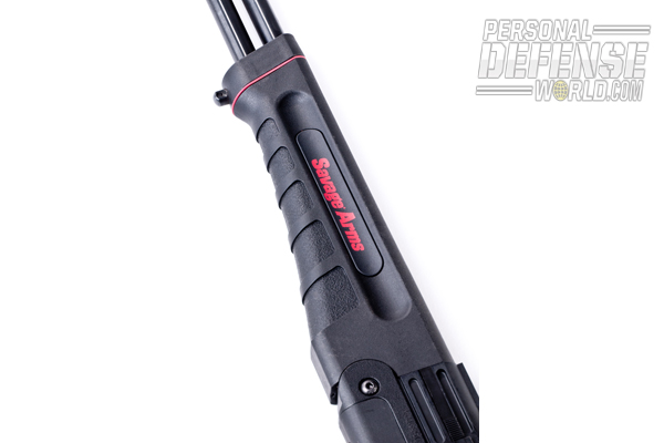 In place of wood, a “synthetic” makes up the forend on the Savage Model 42.