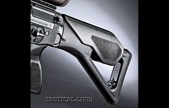 The SIG556xi’s Swiss-style folding stock comes with a removable, polymer cheekrest, which makes it easier to use optics.