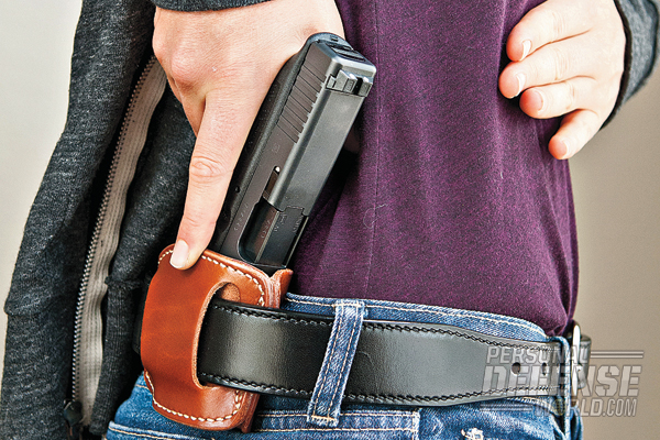 A Galco Jak Slide belt holster is ideal for carrying small frame 9mms like the Glock 26.