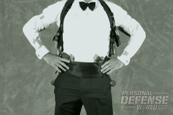 The author concealed 32 handguns while formally dressed in a white dinner jacket.