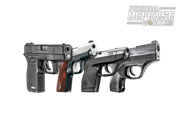 From left to right: Diamondback DB380, Kimber Micro CDP (LG), Taurus 738 TCP, and Beretta Pico