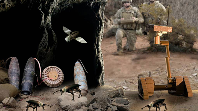 U.S. Army cockroach compressible robot with articulated mechanisms