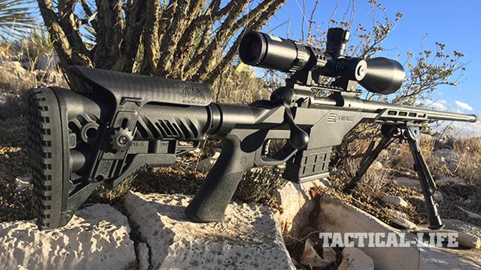 Savage 10 BA Stealth rifle rear angle