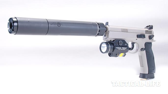 CZ SP-01 Tactical Urban Grey Suppressor-Ready pistol left angle