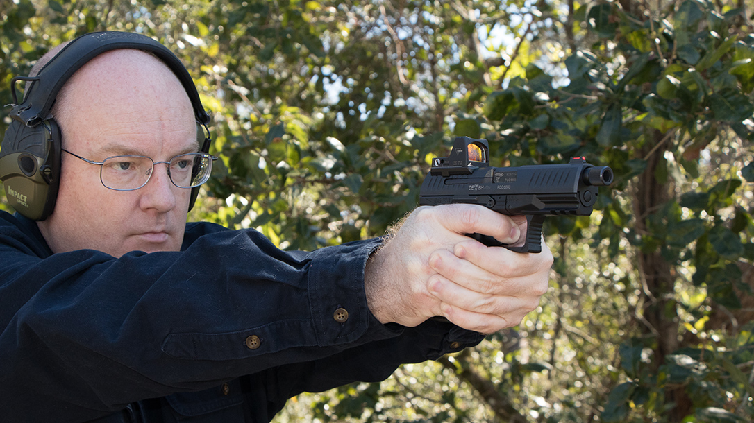 Walther PPQ Q4 TAC Pistol author shooting