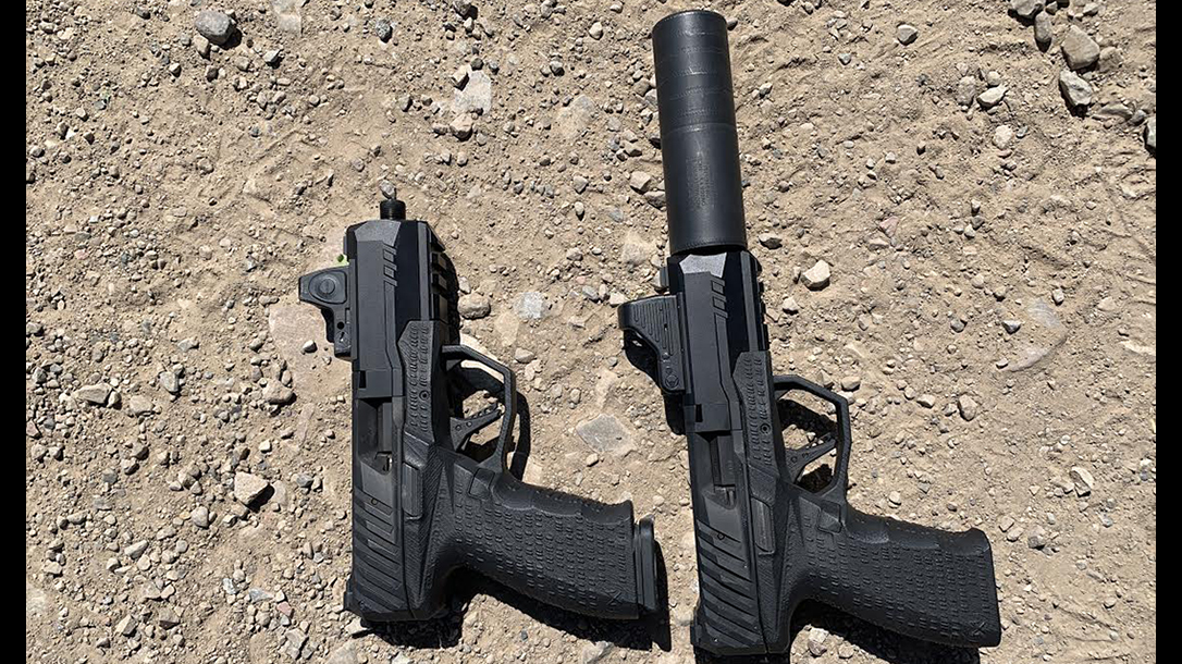 SilencerCo Non-NFA Maxim 9 pistol, side by side