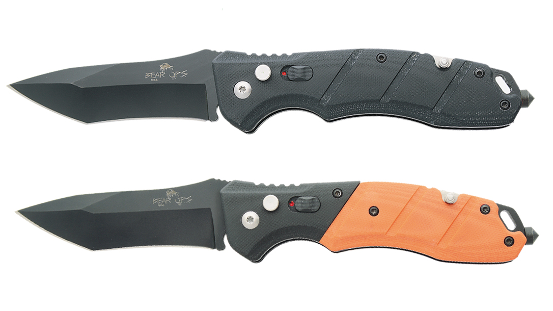 Bear Ops Automatic Knives feature a glass breaker and seatbelt cutter.